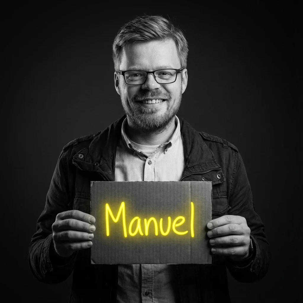 Manuel Streit hält ein Schild mit seinem Vornamen.