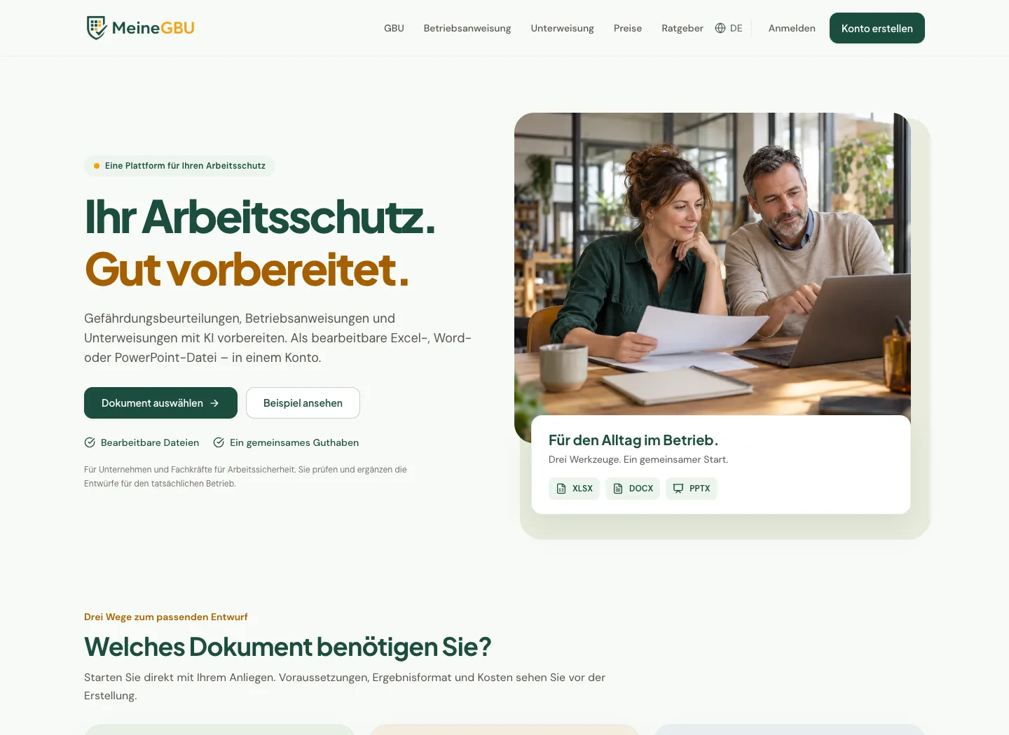 Screenshot der öffentlichen Startseite von meinegbu.com