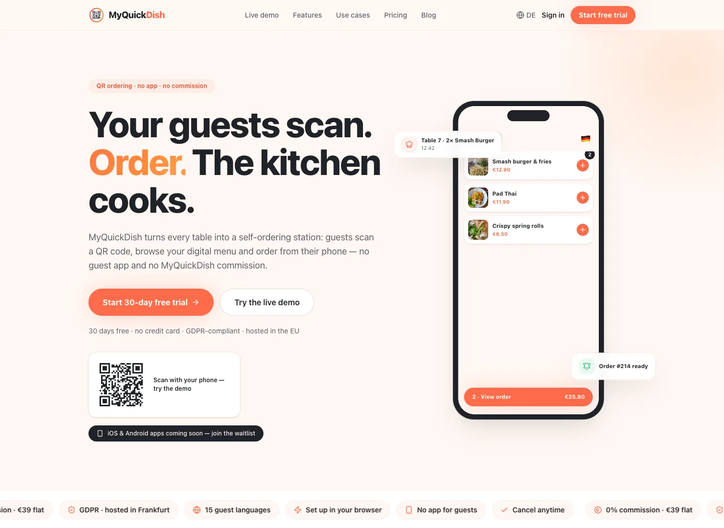 Screenshot der öffentlichen Startseite von myquickdish.com