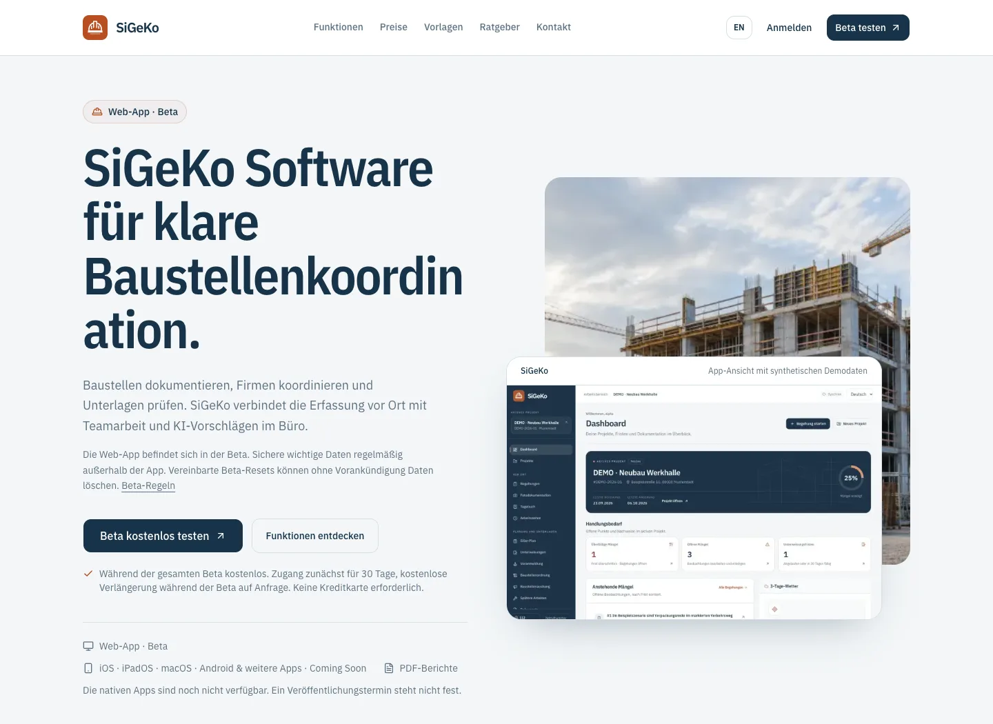 Screenshot der öffentlichen Startseite von sigeko.app