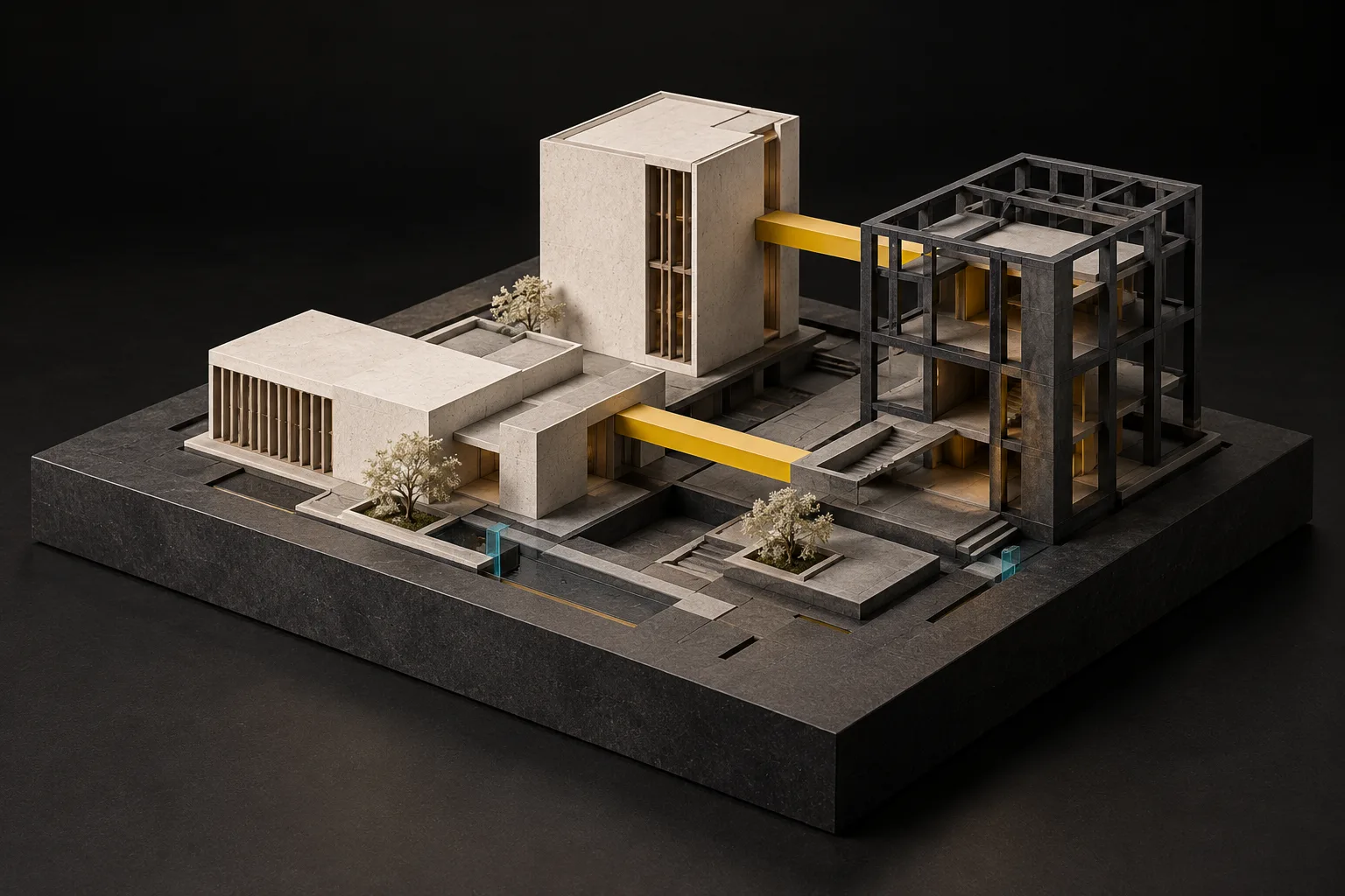 Konzeptmotiv zu SiGeKo: Ein Architekturmodell mit hellen Baukörpern und offenem Stahlgerüst, verbunden durch gelbe Träger – keine Produktansicht.